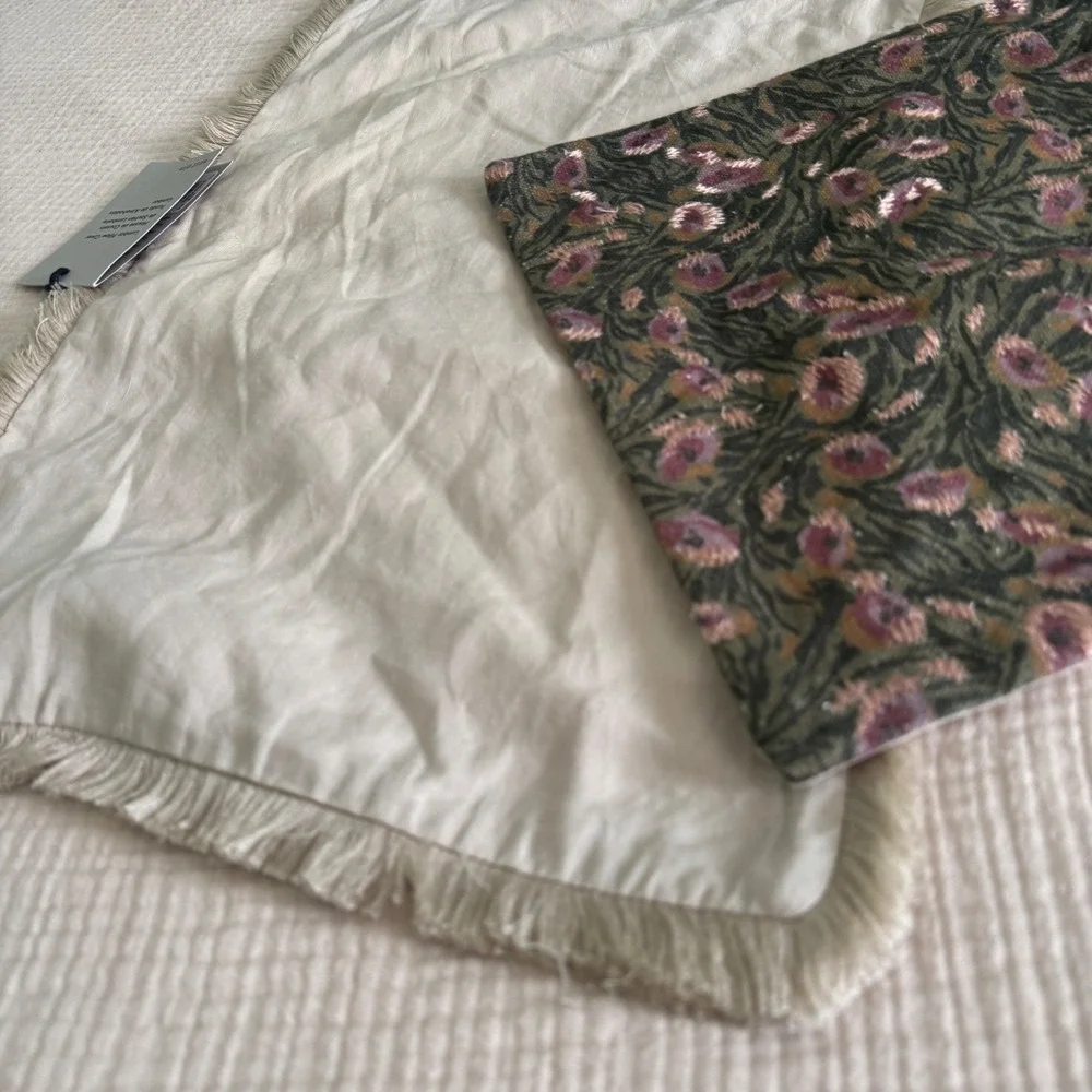 West Elm Lumbar Pillow Cover 2pc Set 12x21 Beige Fringe Green Floral NWT NWOT